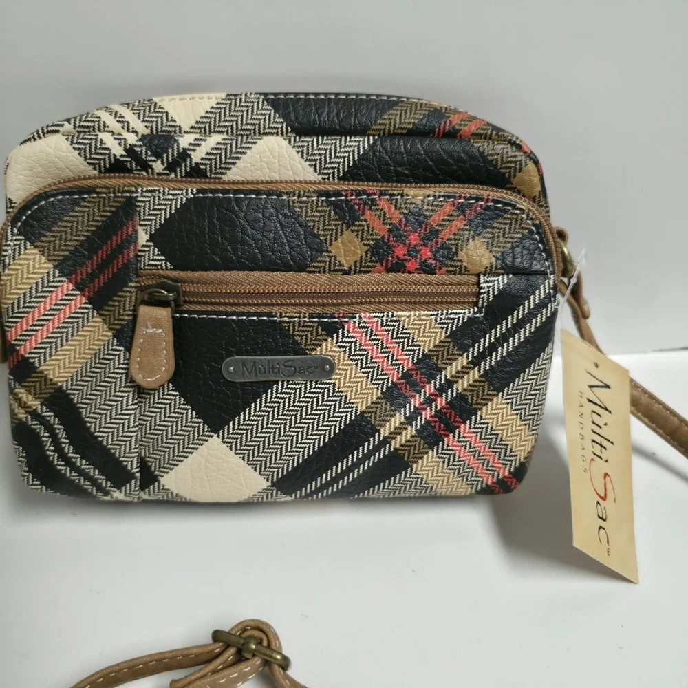 MultiSac Zippy Triple Compartment Crossbody Bexly Plaid Black Beige Red Handbag